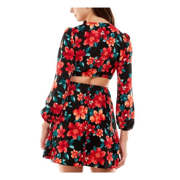 CITY STUDIO Womens Cutout Sides And Back Blouson Sleeve Mini Fit + Flare Dress - Picture 2 of 4